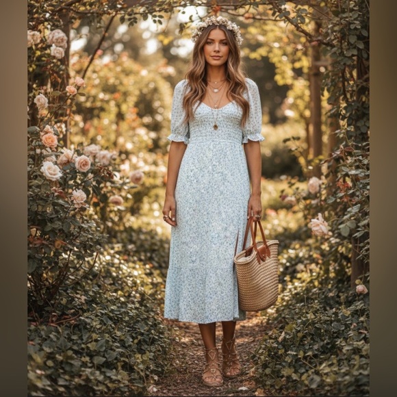 Abercrombie and Fitch Dress Womens XS Blue White Floral Smocked Boho Prairie - Picture 2 of 16